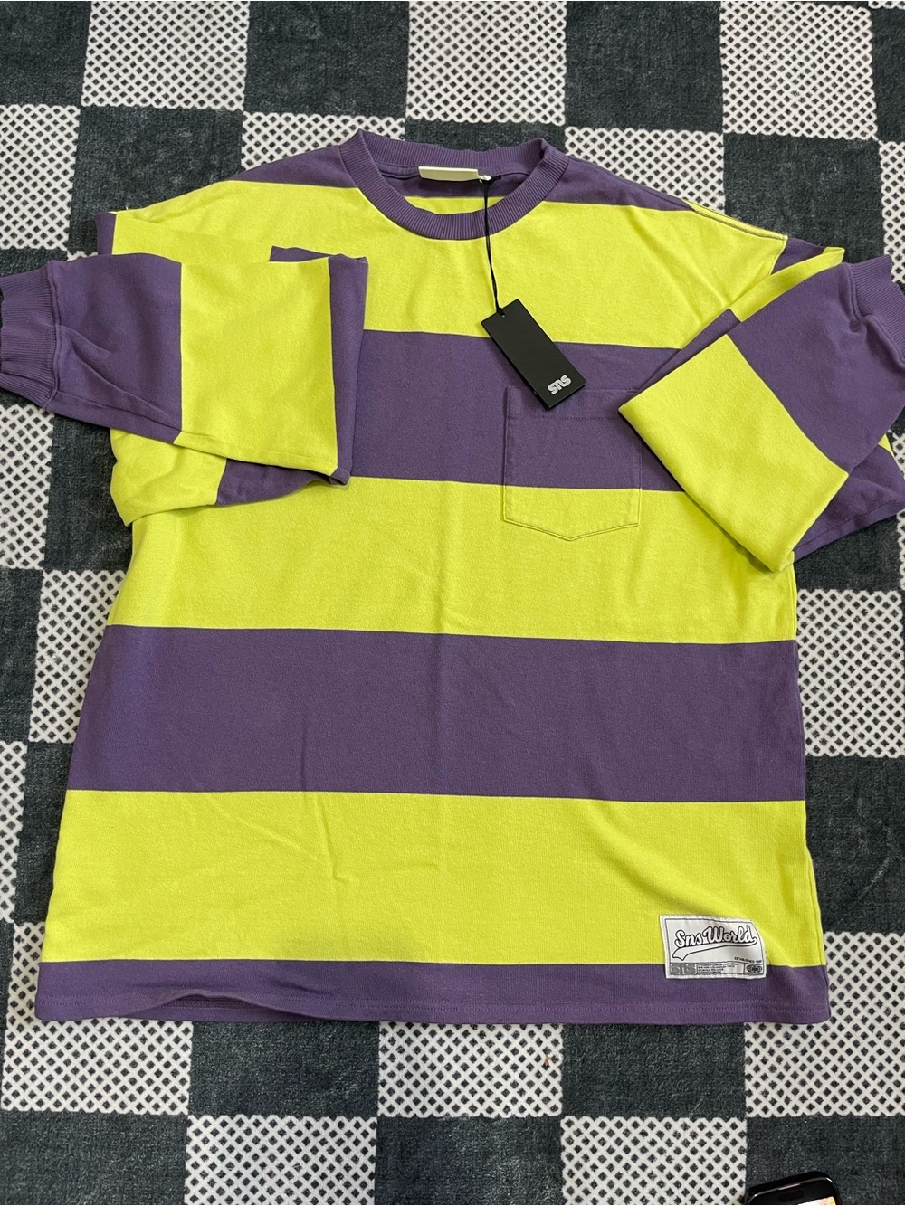 SNS World Purple Green Striped Long Sleeve Pocket Tee XL NWT